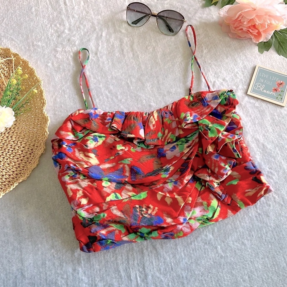 Zara Red Floral Print Crop Top Ruffle Side Zipper